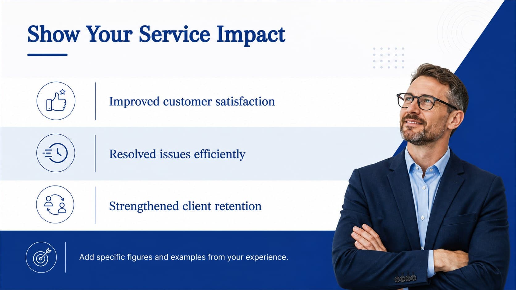 Customer experience specialist cover letter slide organizing service achievements and measurable results.