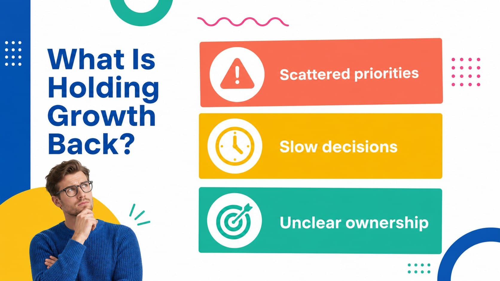 Client challenge slide showing an organized problem statement with colorful consulting visuals.