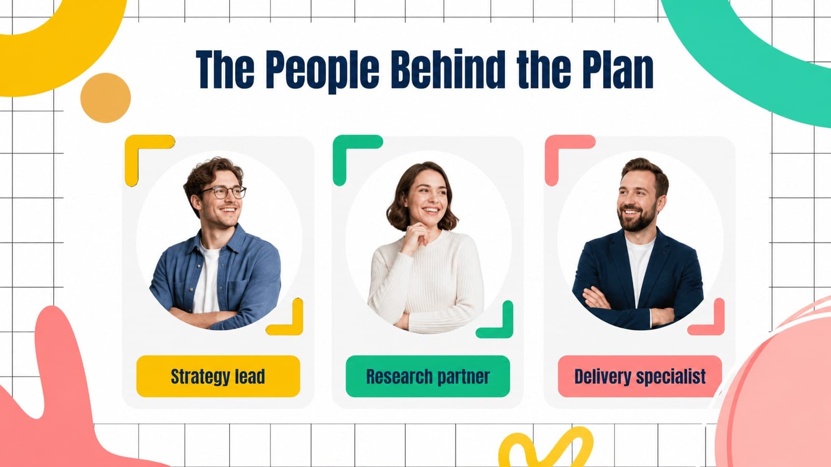 Team slide introducing original consulting roles with colorful profile and collaboration graphics.