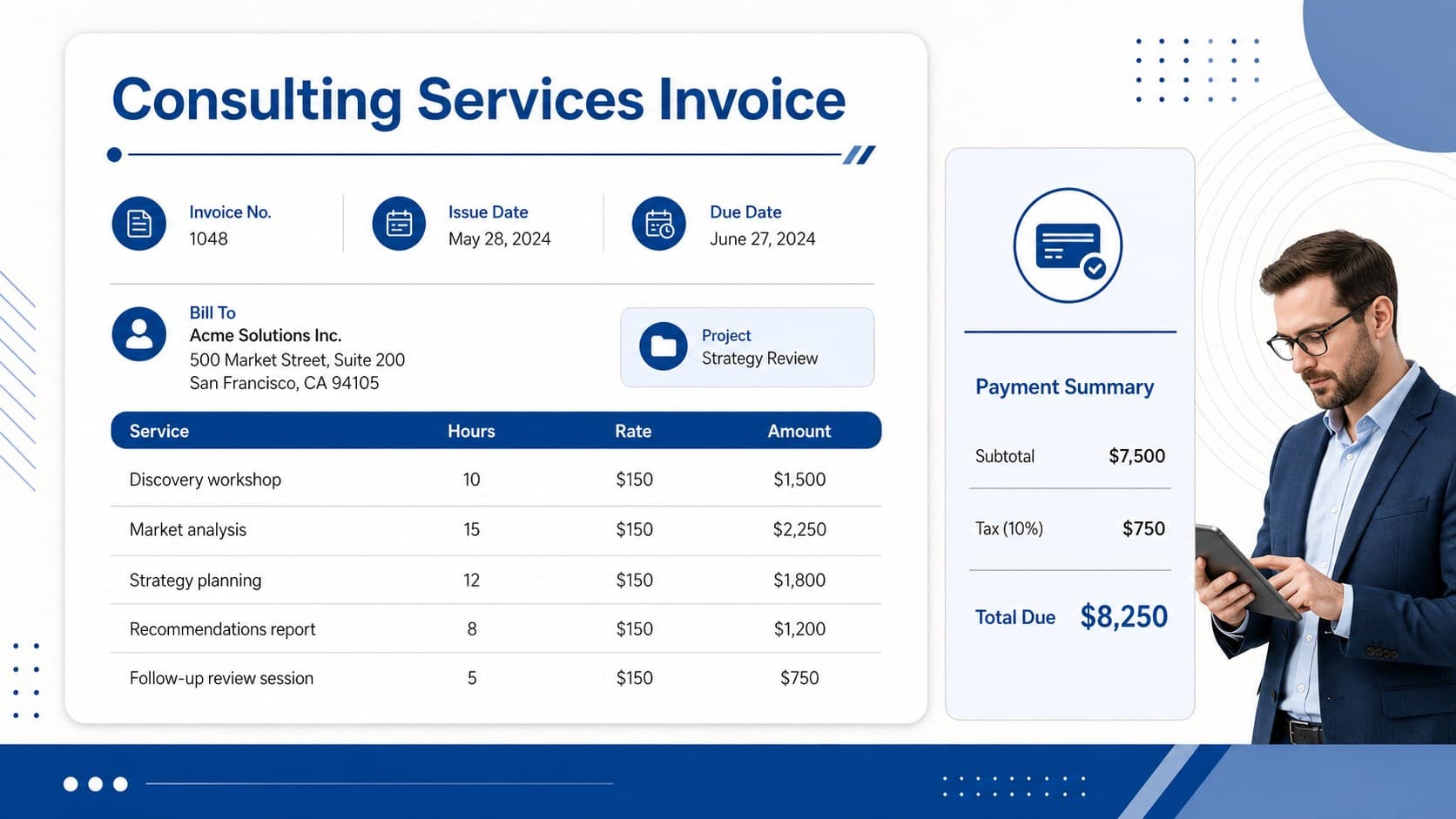 Editable consultant invoice slide with client information, service charges, and a clearly emphasized total.
