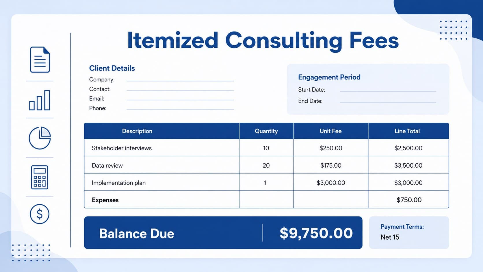 Professional services billing template displaying itemized consulting fees and payment terms in blue and white.