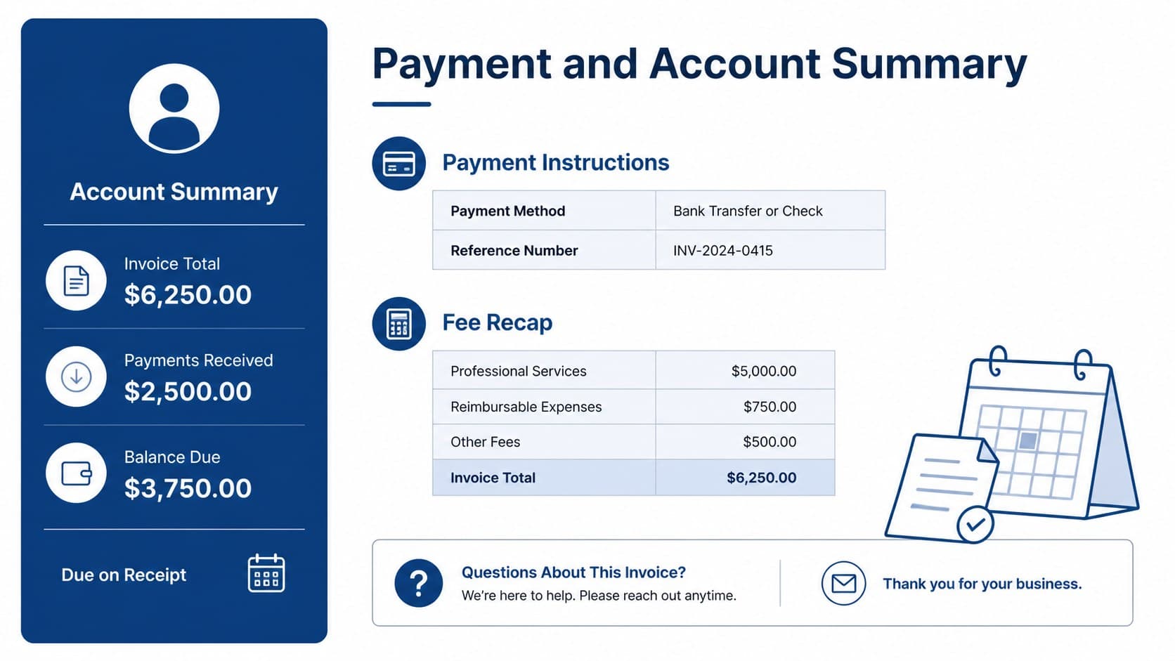 Consulting fee invoice layout with payment instructions, account summary, and final balance due.