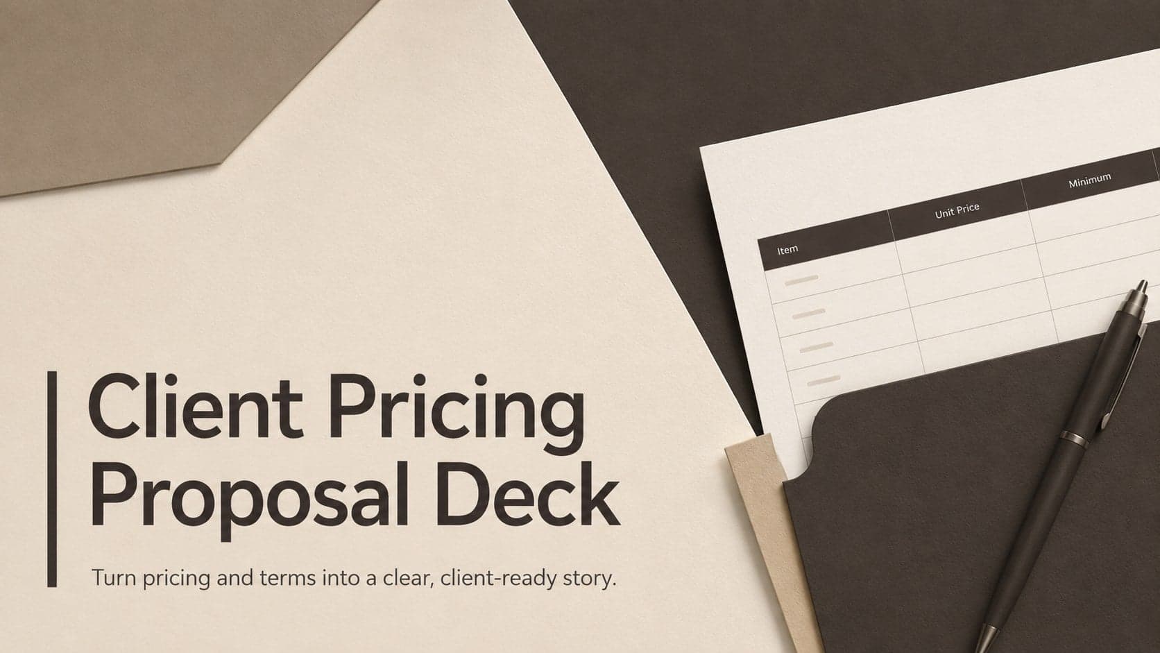Cover of a minimalist Client Pricing Proposal Deck in warm brown and beige.