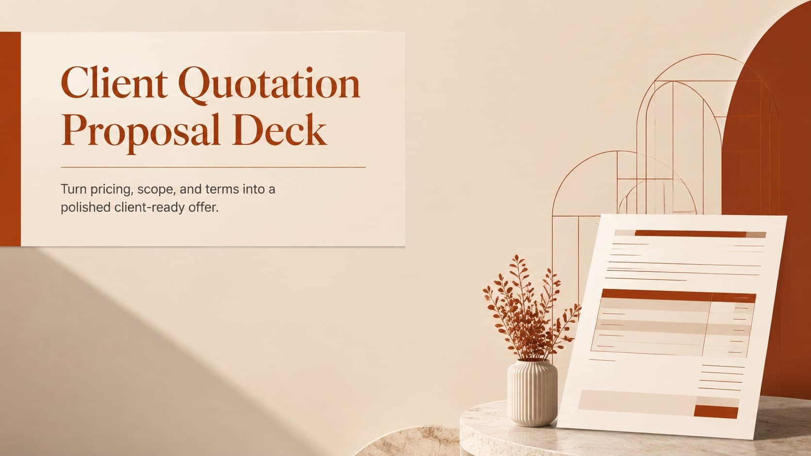 Cover of a client quotation proposal deck with elegant red and beige geometric styling.