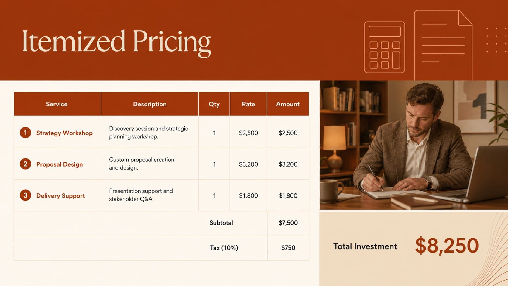 Itemized pricing slide from a sales quotation presentation template with services, quantities, rates, and totals.