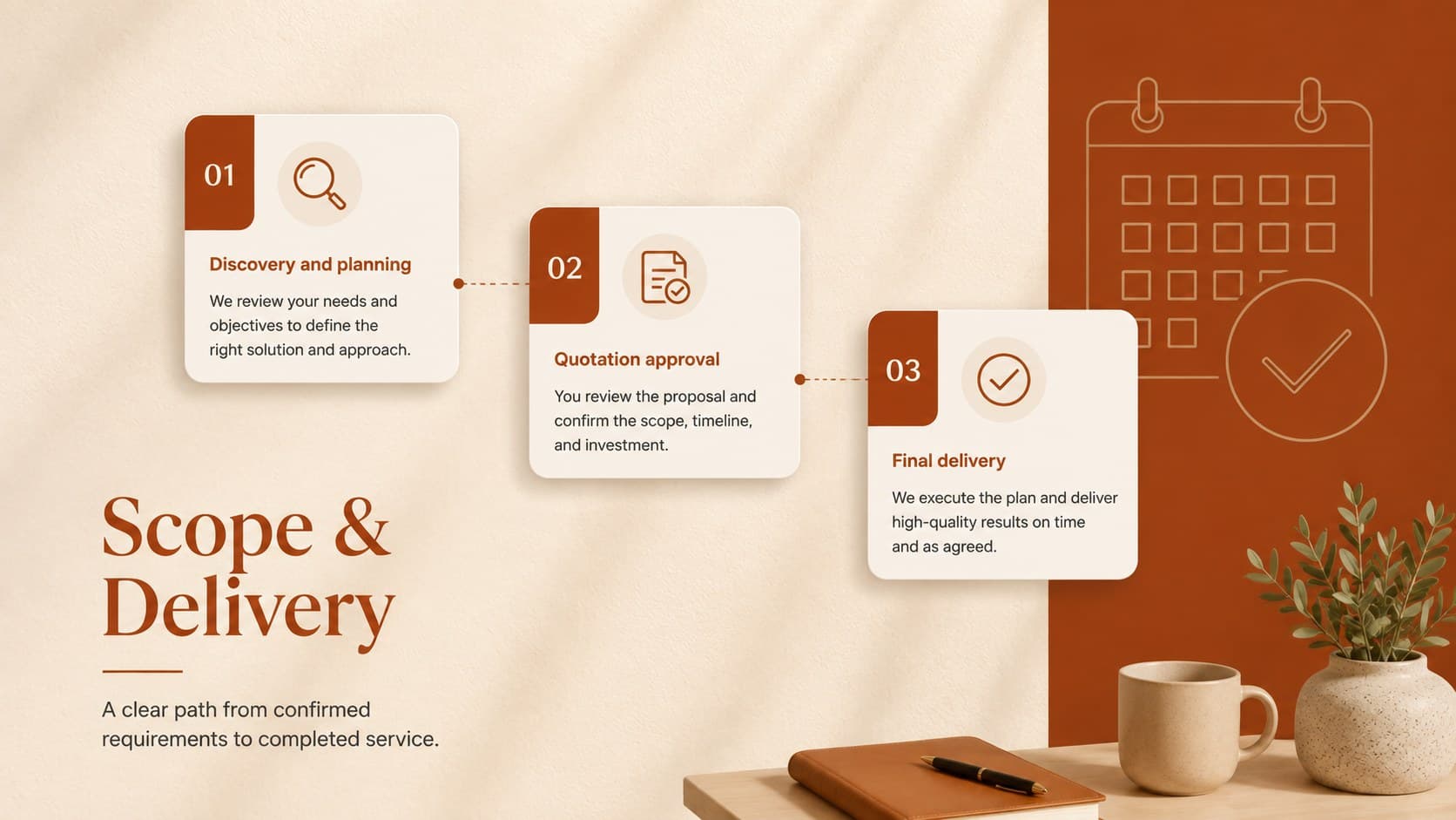 Project scope and delivery schedule layout for customizable pricing proposal slides.