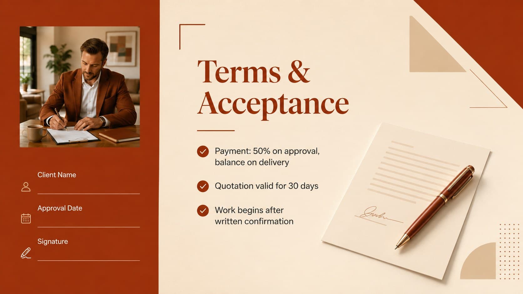 Quotation terms and client acceptance slide in a professional red and beige business quote deck.