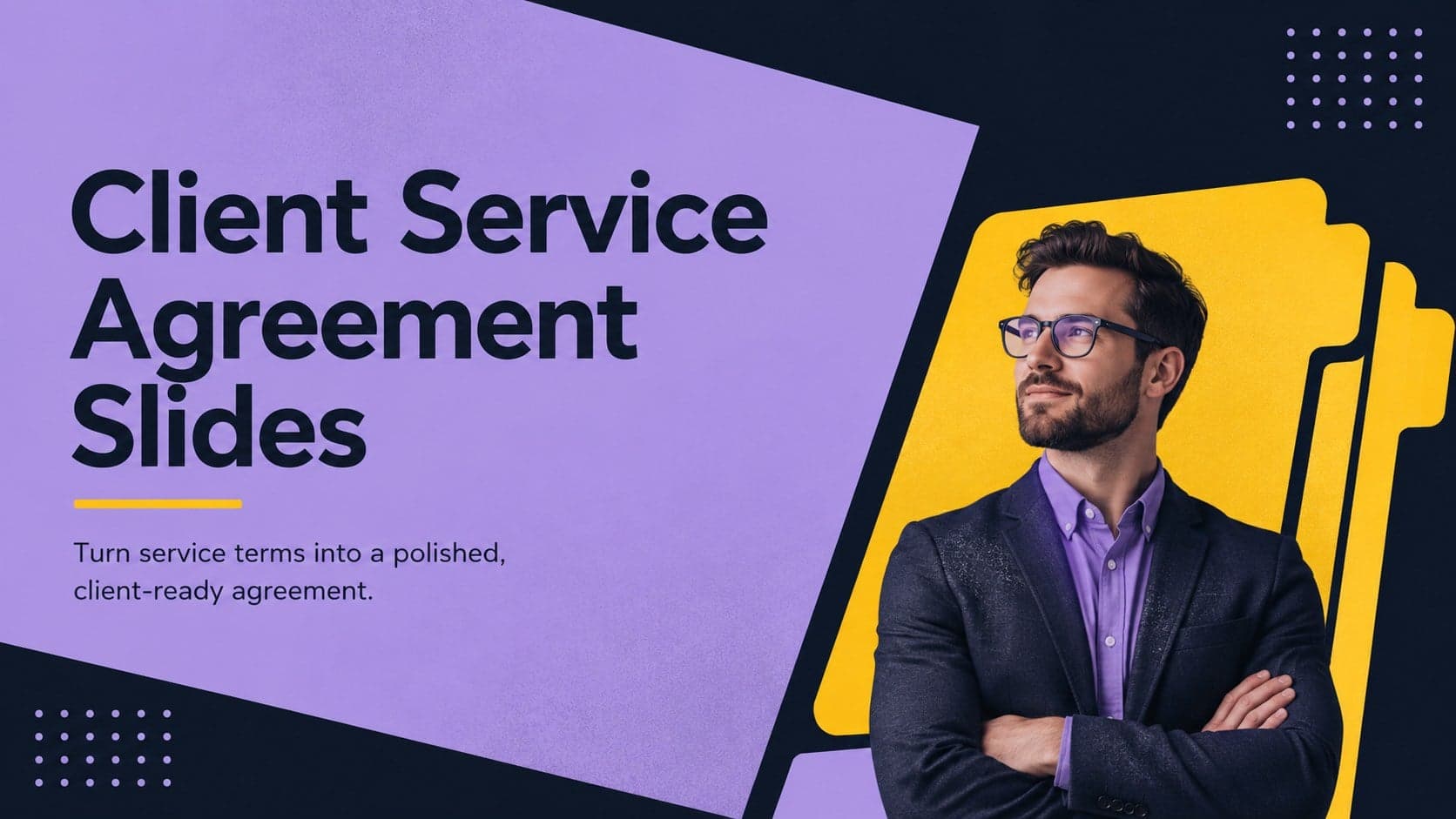 Cover for client service agreement slides with bold purple, black, and yellow geometric accents.