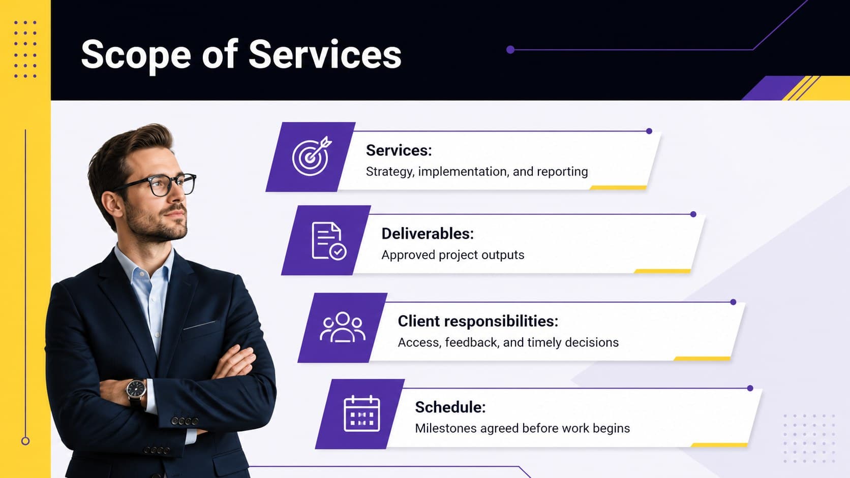 Editable service agreement presentation outlining scope, deliverables, responsibilities, and timing.