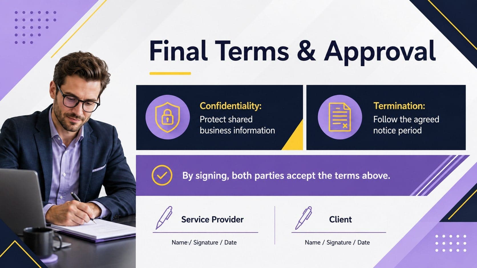 Professional service contract approval slide with confidentiality, termination, and signature fields.