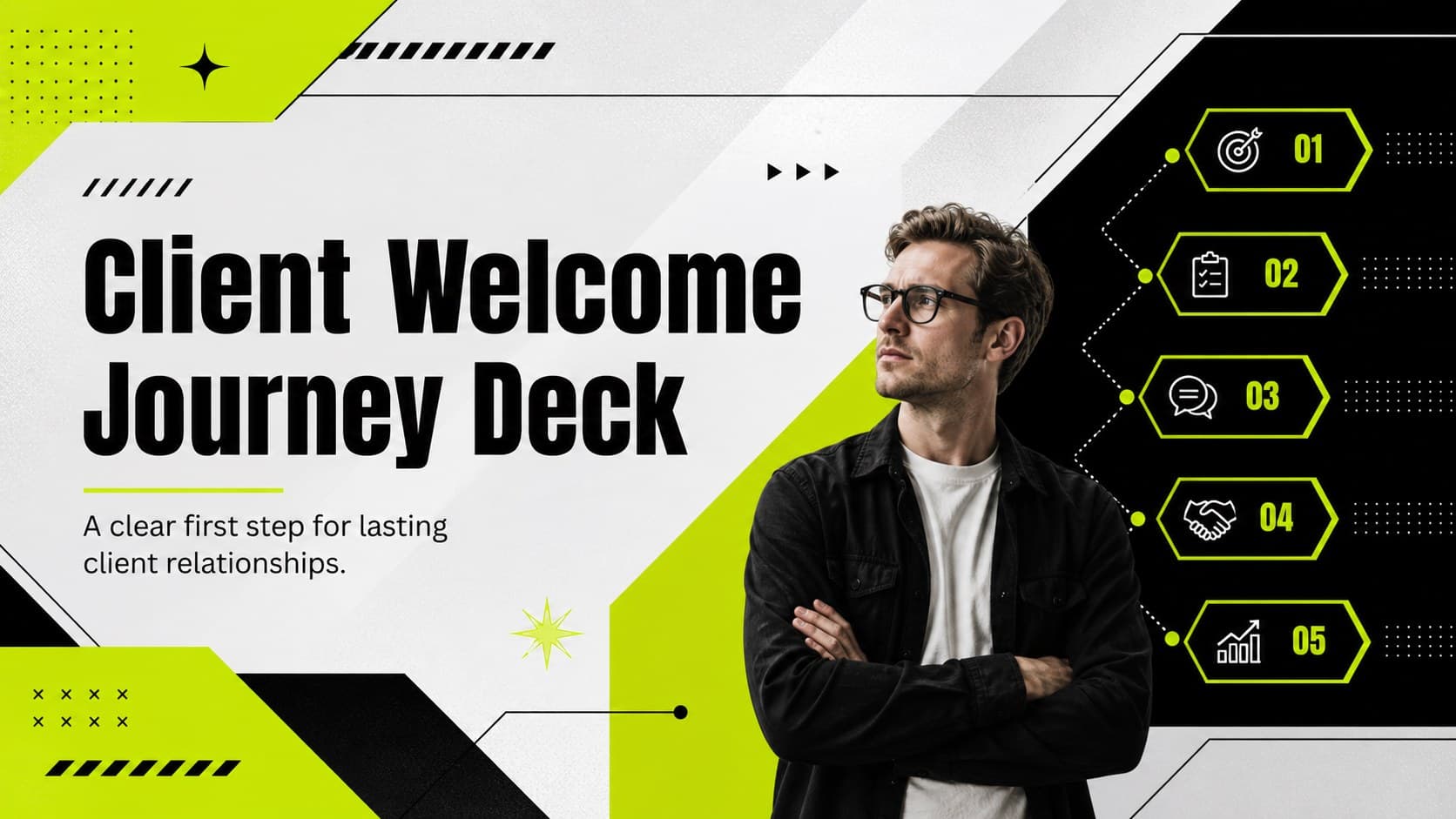 Cover slide for a client welcome journey deck with bold green and black geometric styling.