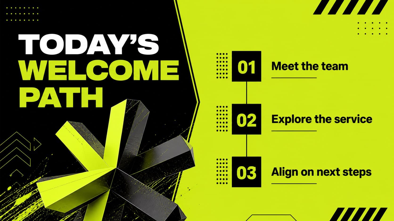 Agenda slide outlining the customer welcome presentation sections in a modern green and black layout.