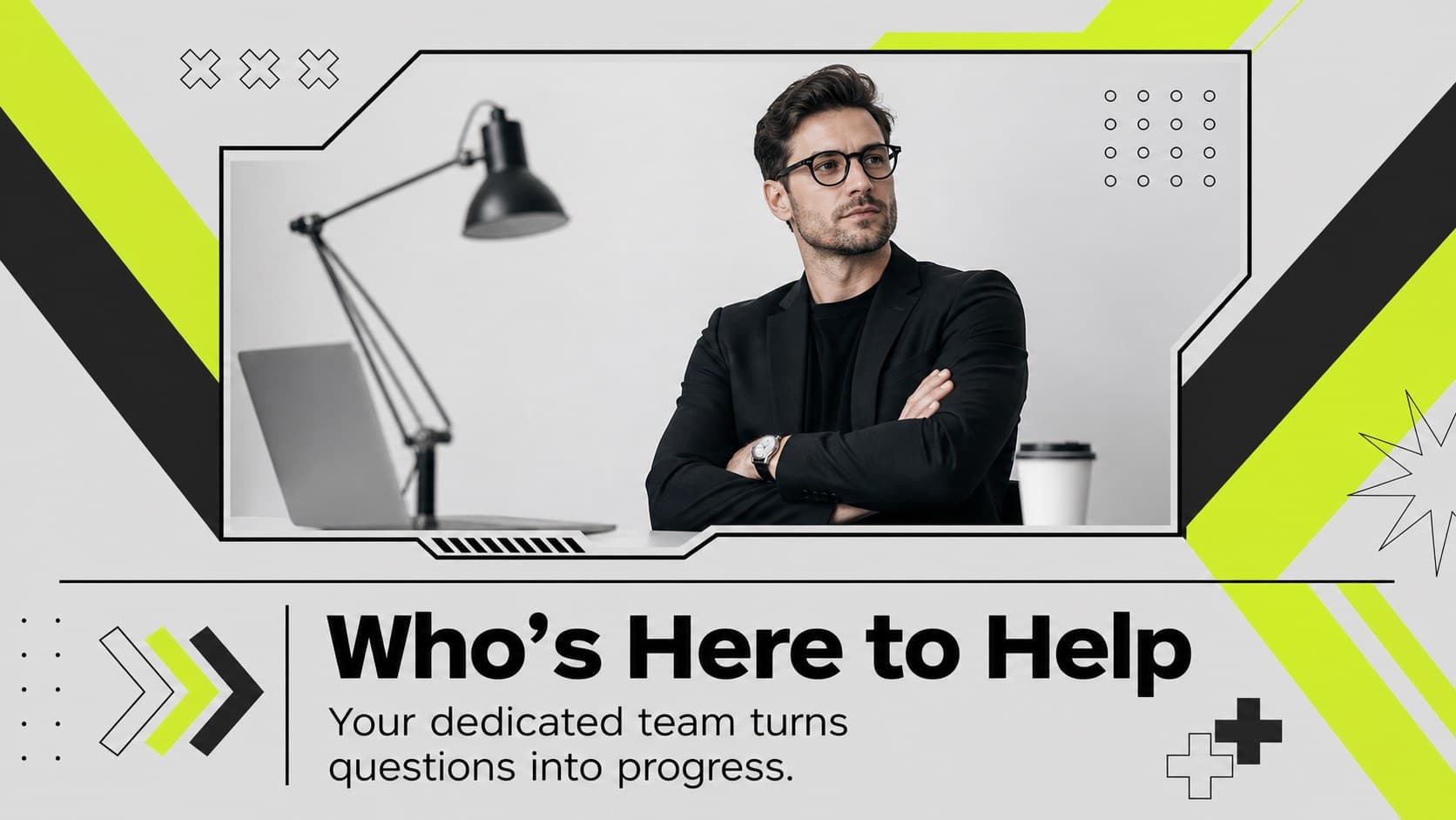 Company introduction slide presenting a client success team with geometric green accents.