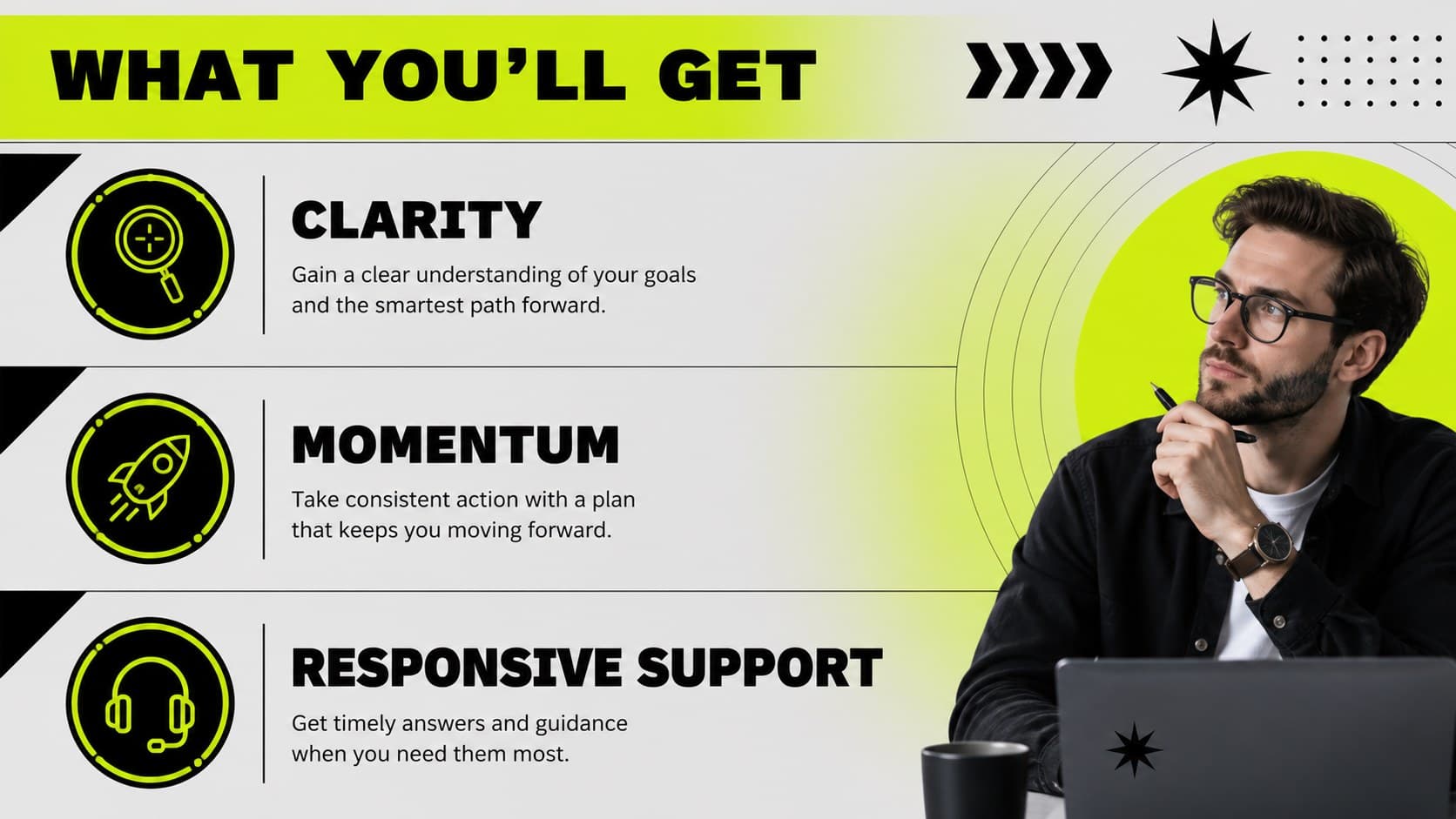 Service overview slide showing core customer benefits in a bold geometric presentation design.