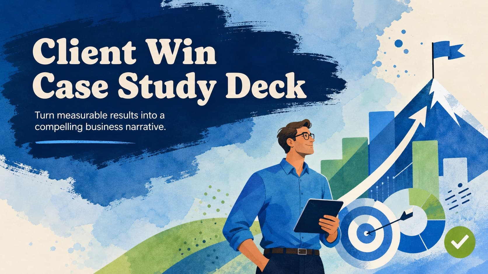 Cover of a bold blue Client Win Case Study Deck with colorful watercolor illustrations.