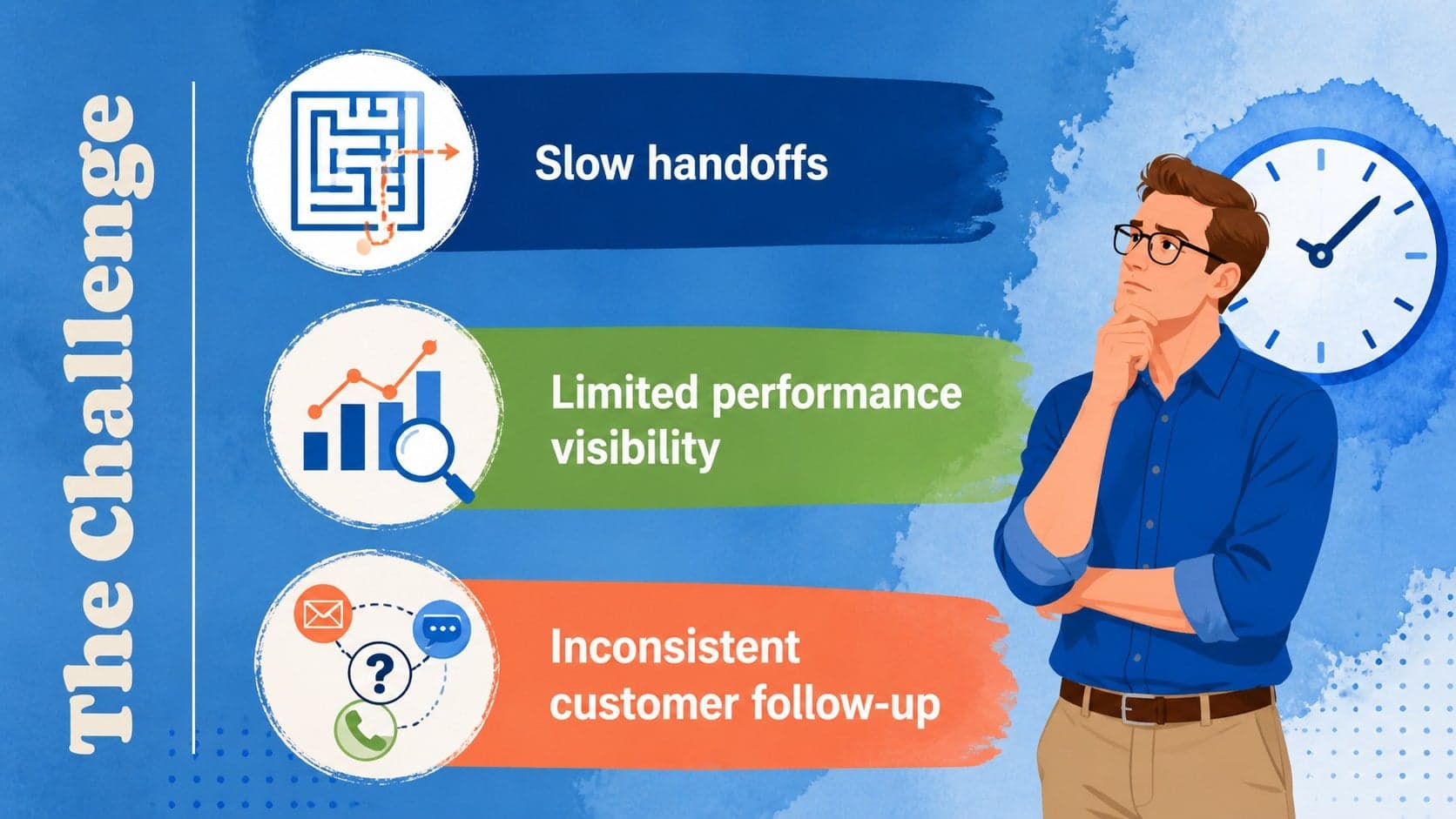 Client case study slide summarizing operational challenges before the engagement.