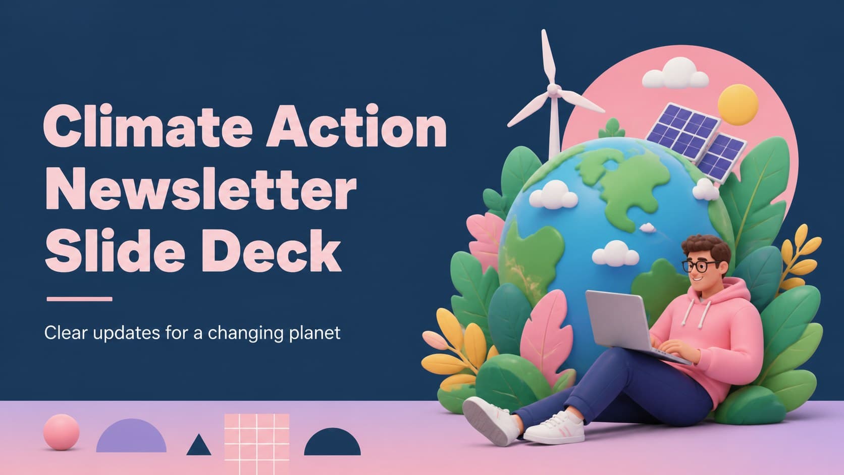 Cover slide for climate action newsletter slides with a colorful environmental illustration and bold campaign title.