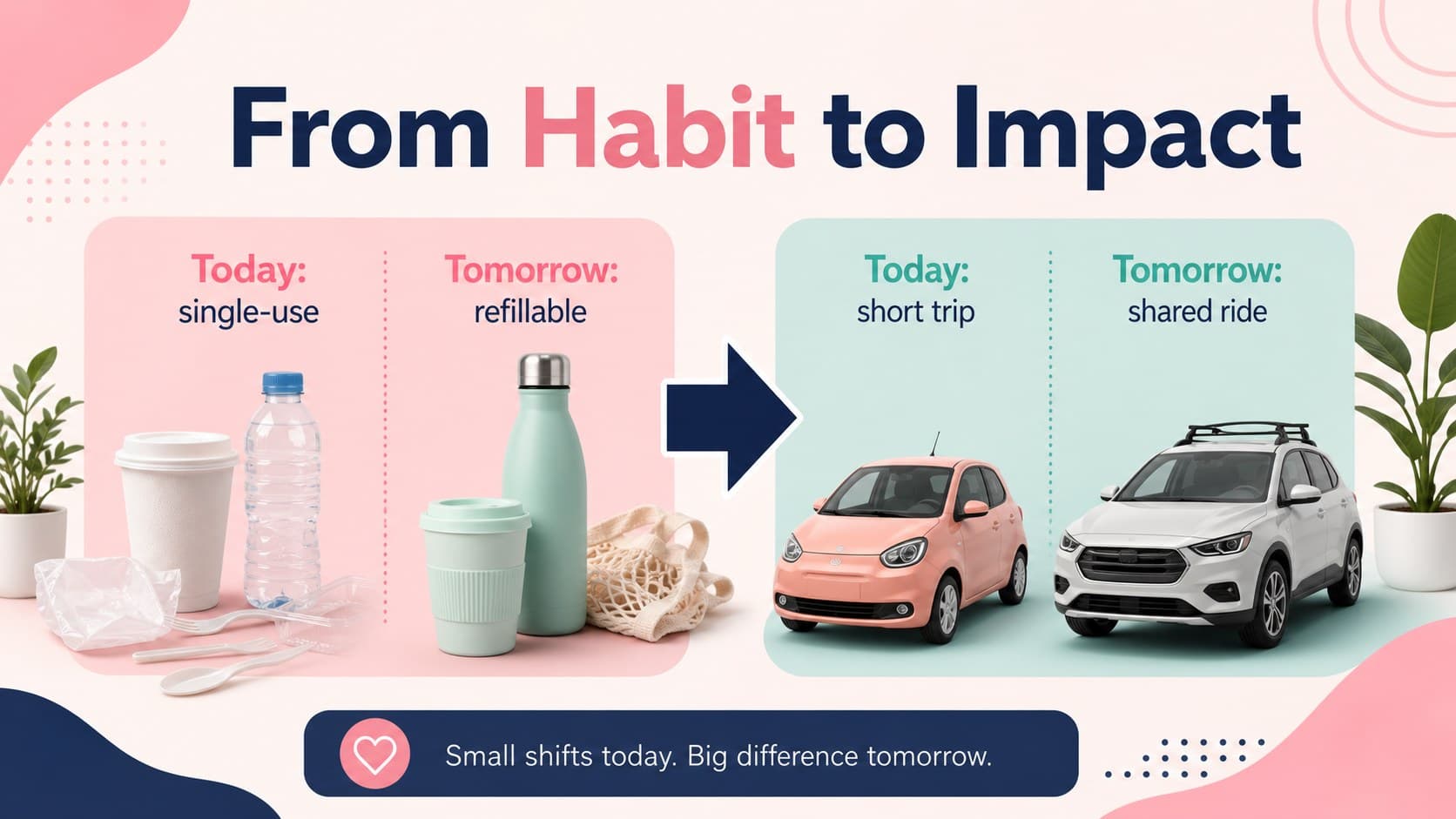 Sustainability comparison slide contrasting everyday choices and their environmental impact.
