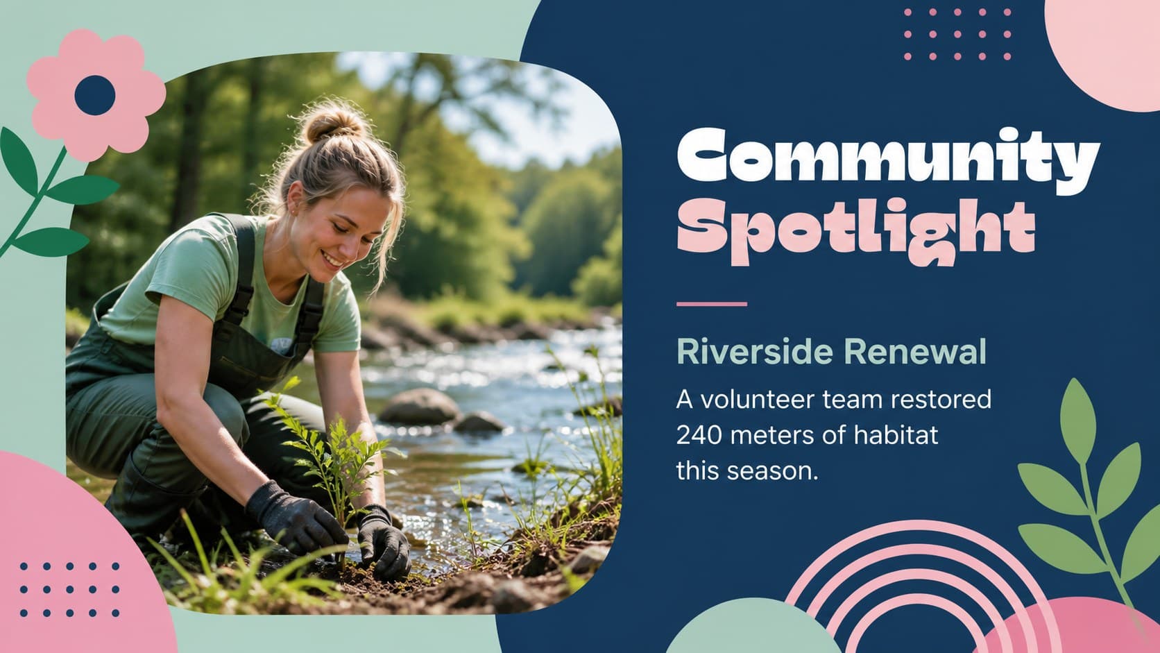 Community project spotlight slide featuring an illustrated local restoration initiative.
