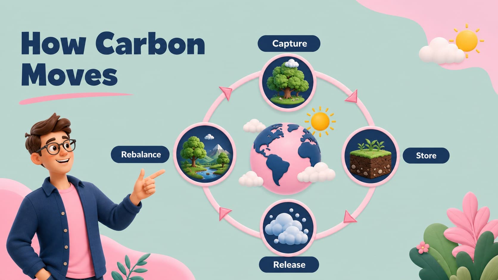 Climate education slide with a simple illustrated explanation of the carbon cycle.