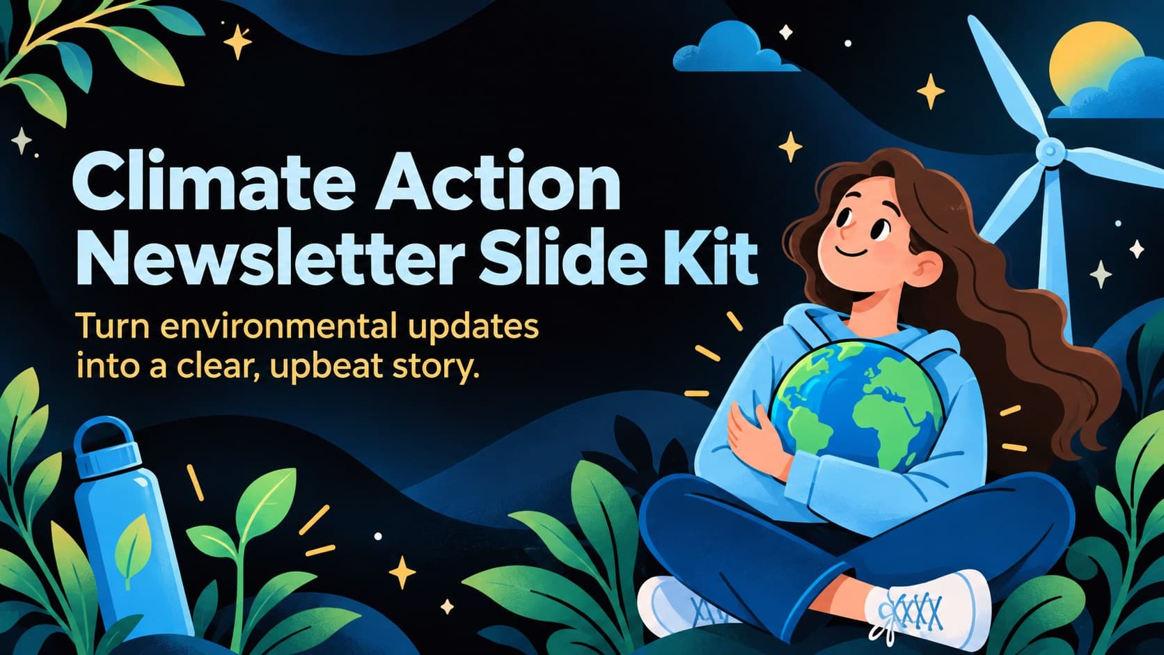Cover for a climate action newsletter slide kit featuring black-and-blue gradients and original environmental sticker graphics.
