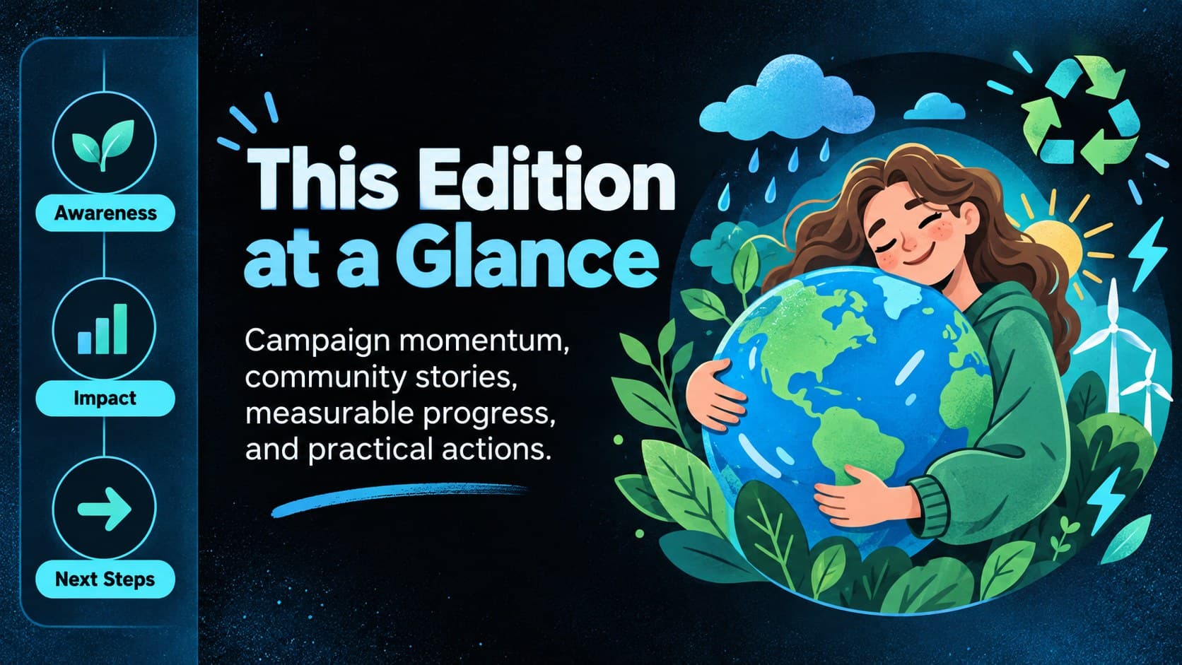 Climate campaign newsletter slides introducing the edition's environmental priorities with illustrated eco icons.
