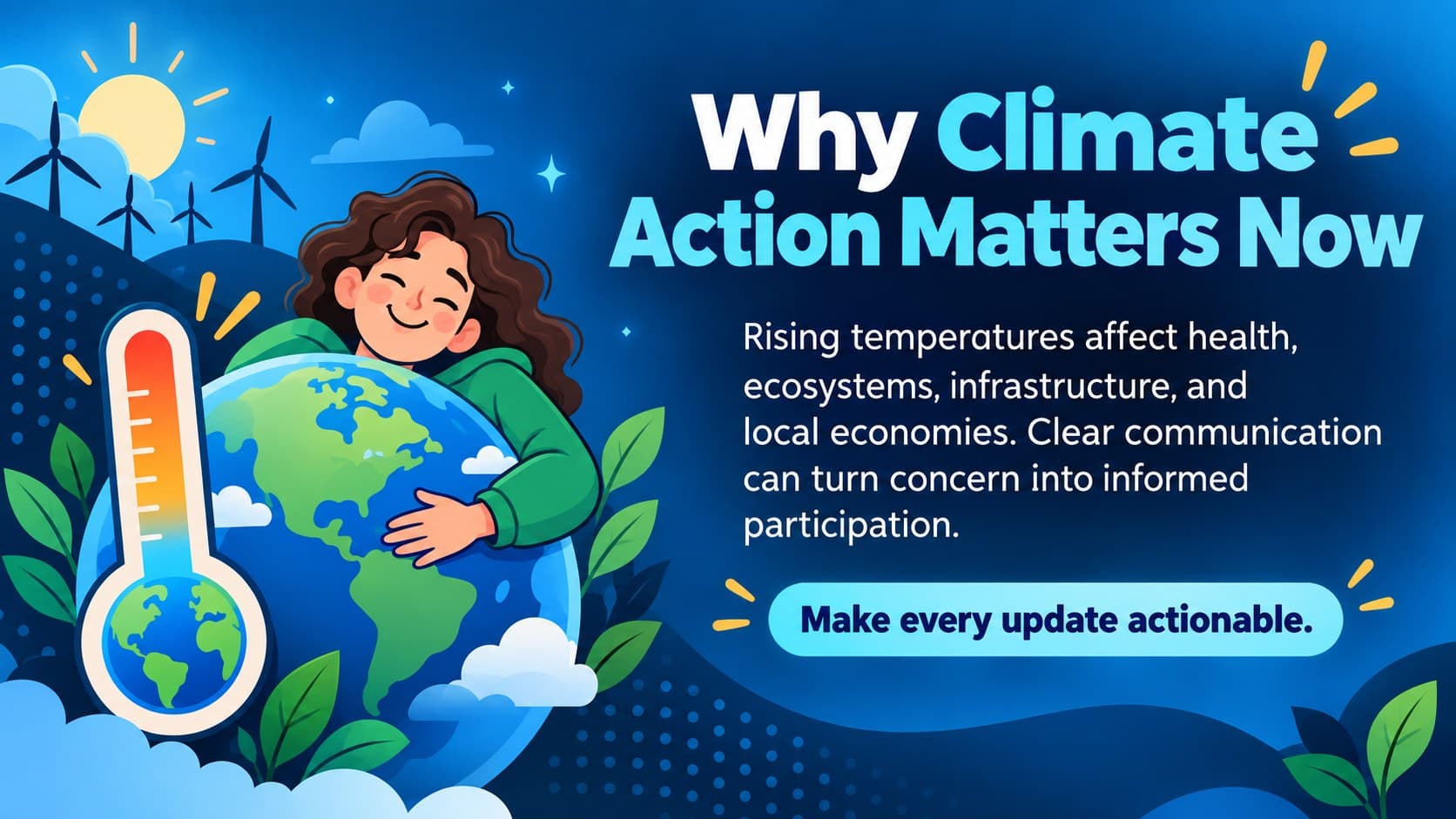 Environmental awareness presentation layout explaining the newsletter's central climate challenge.