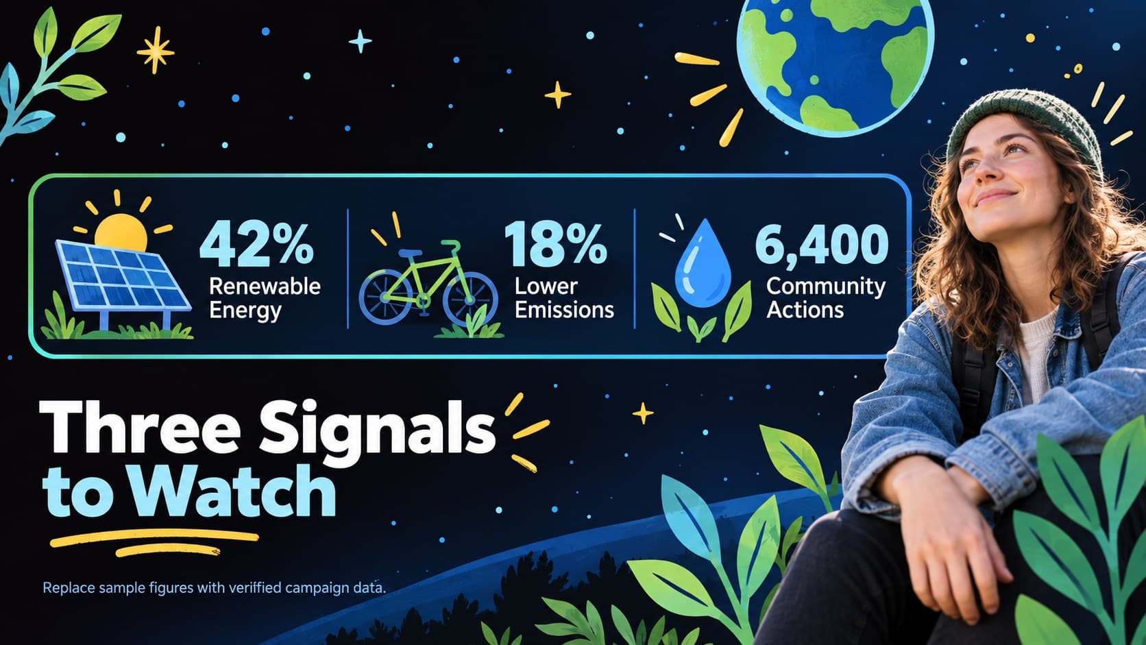 Sustainability communications deck slide displaying three key environmental campaign statistics.