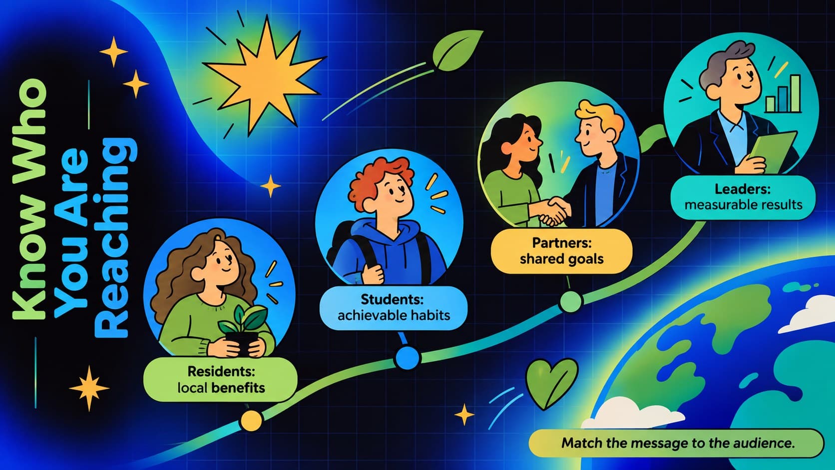 Climate advocacy slide template showing audience groups and the messages that motivate them.