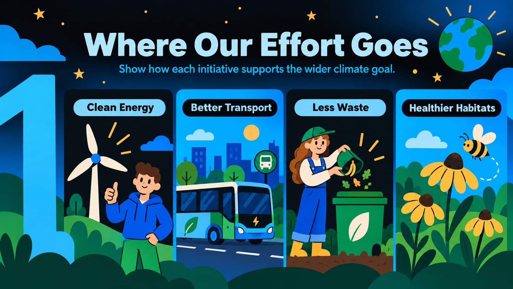 Environmental campaign report slide comparing clean energy, transport, waste, and nature initiatives.