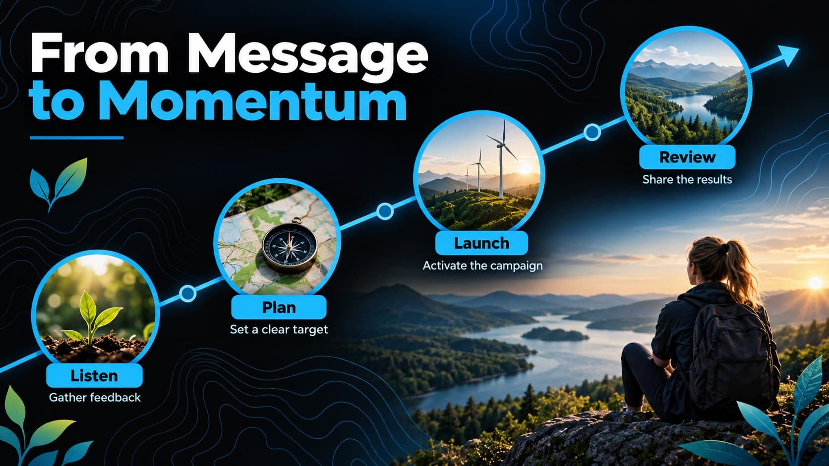 Editable sustainability newsletter deck slide presenting a four-stage climate action timeline.