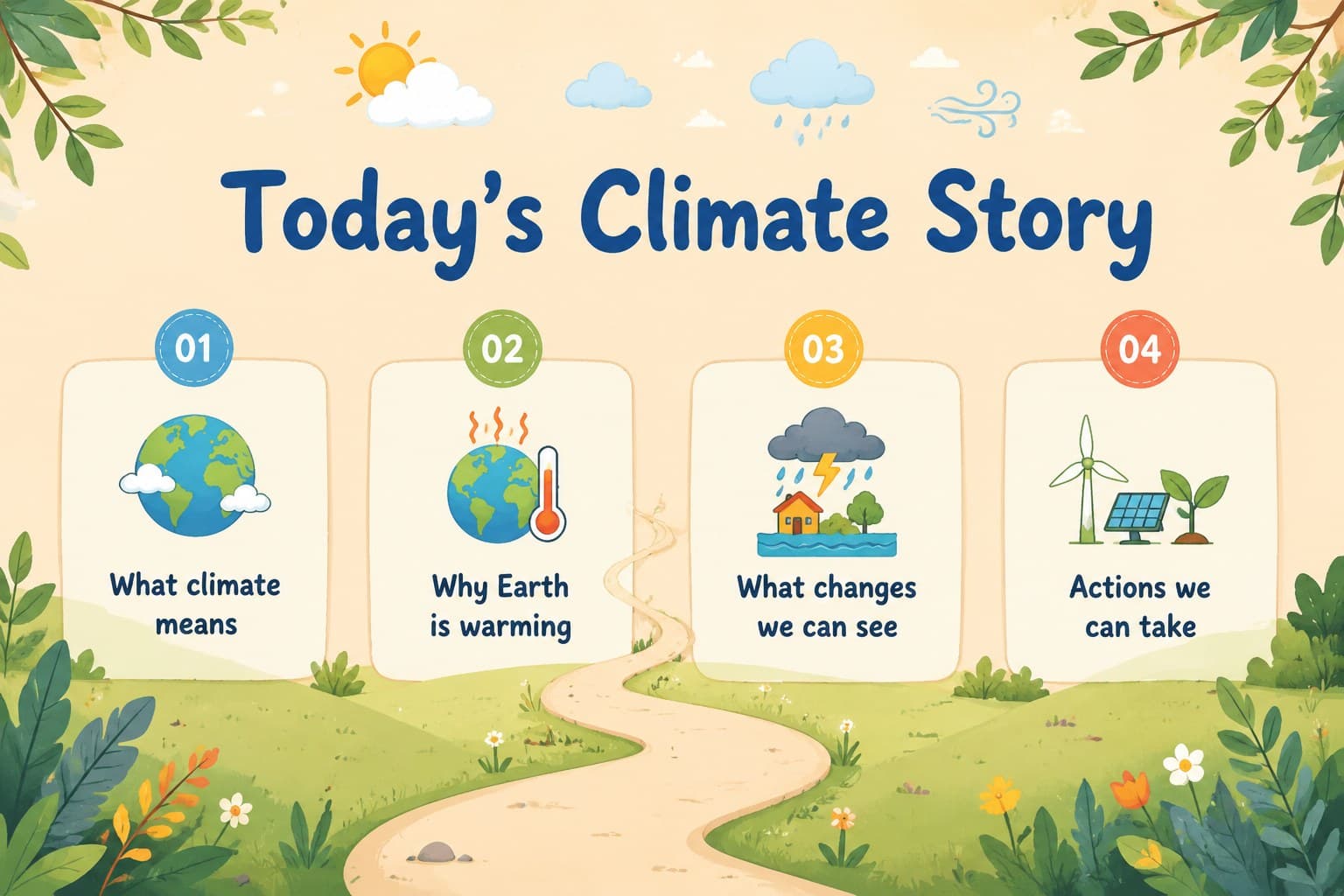 Illustrated agenda slide outlining a student-friendly climate science lesson.