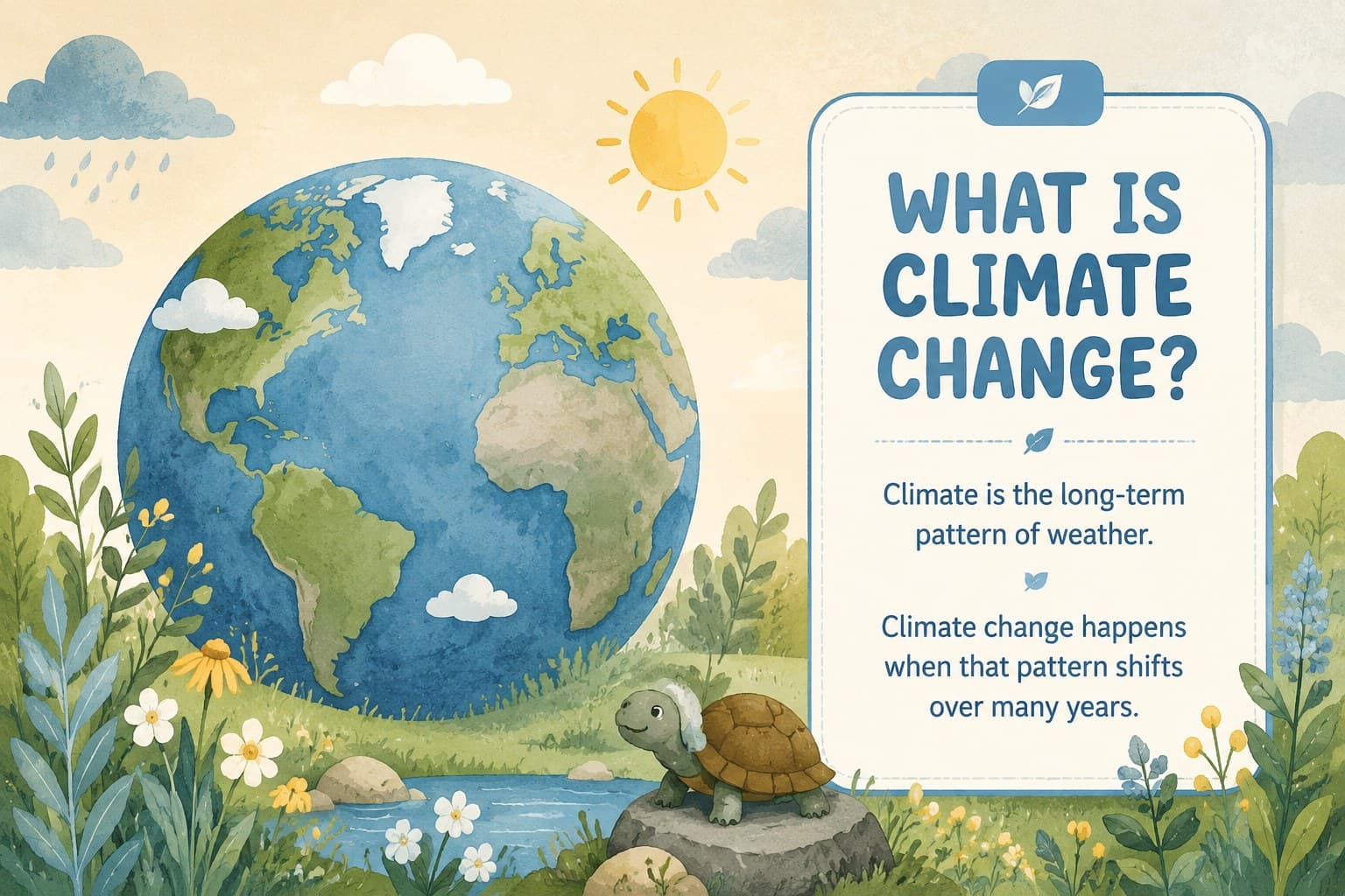 Climate change definition slide with an illustrated globe, weather details, and classroom-friendly text.