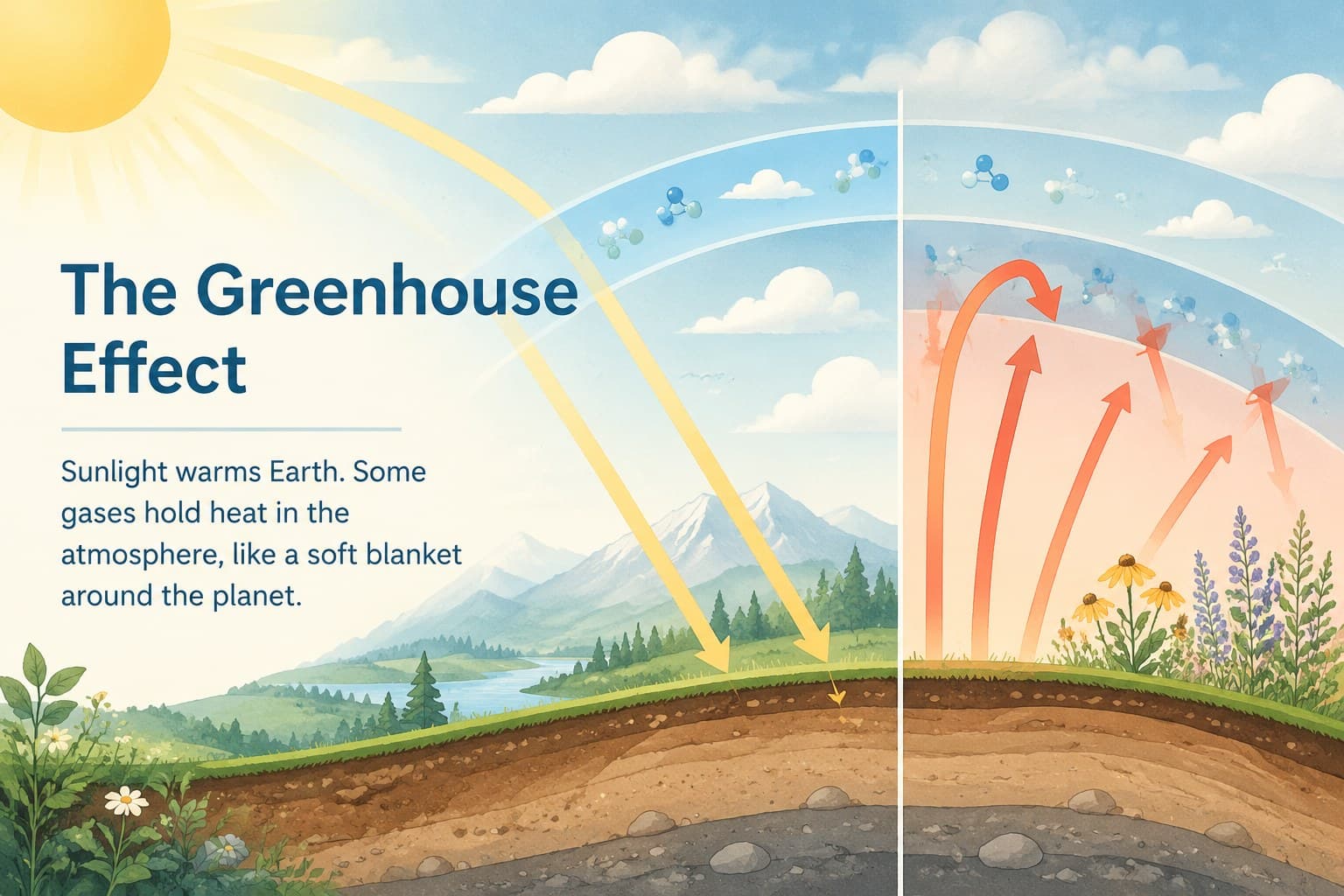 Greenhouse effect explanation slide with a fresh illustrated atmosphere diagram in pastel blue and beige.
