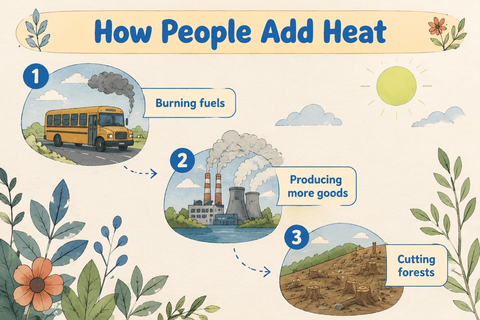 Human causes slide showing transport, energy use, and industry as illustrated climate drivers.