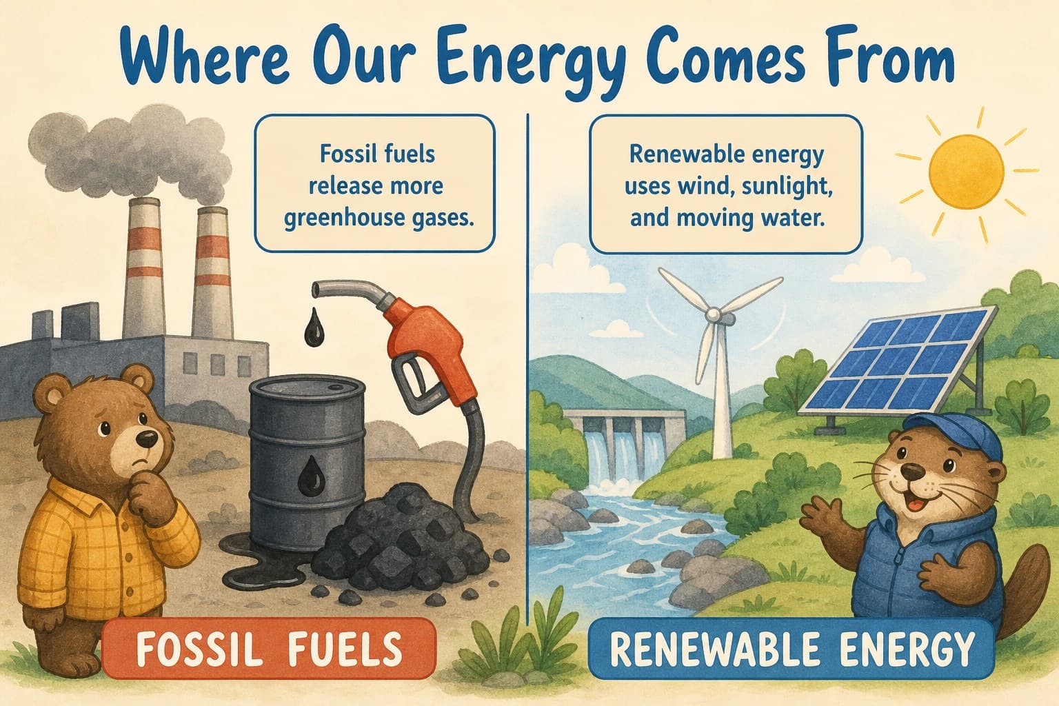 Energy choices slide comparing fossil fuels and renewable sources for an environmental science lesson.