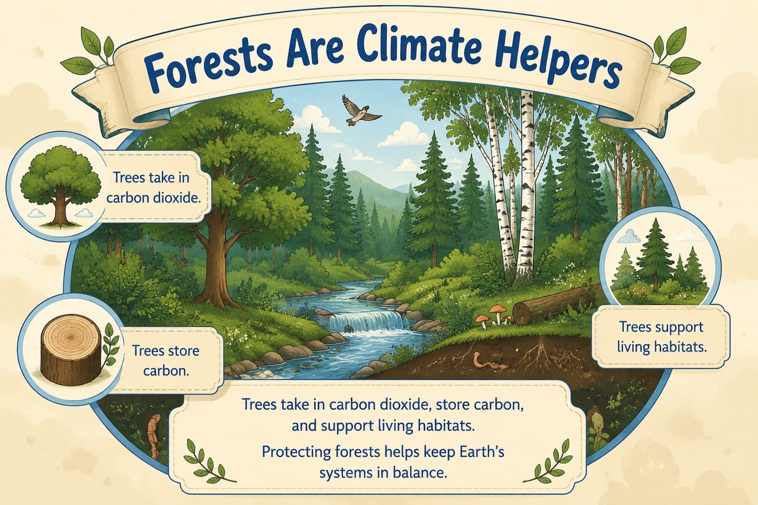 Forest and land-use slide explaining how trees help balance carbon in the atmosphere.