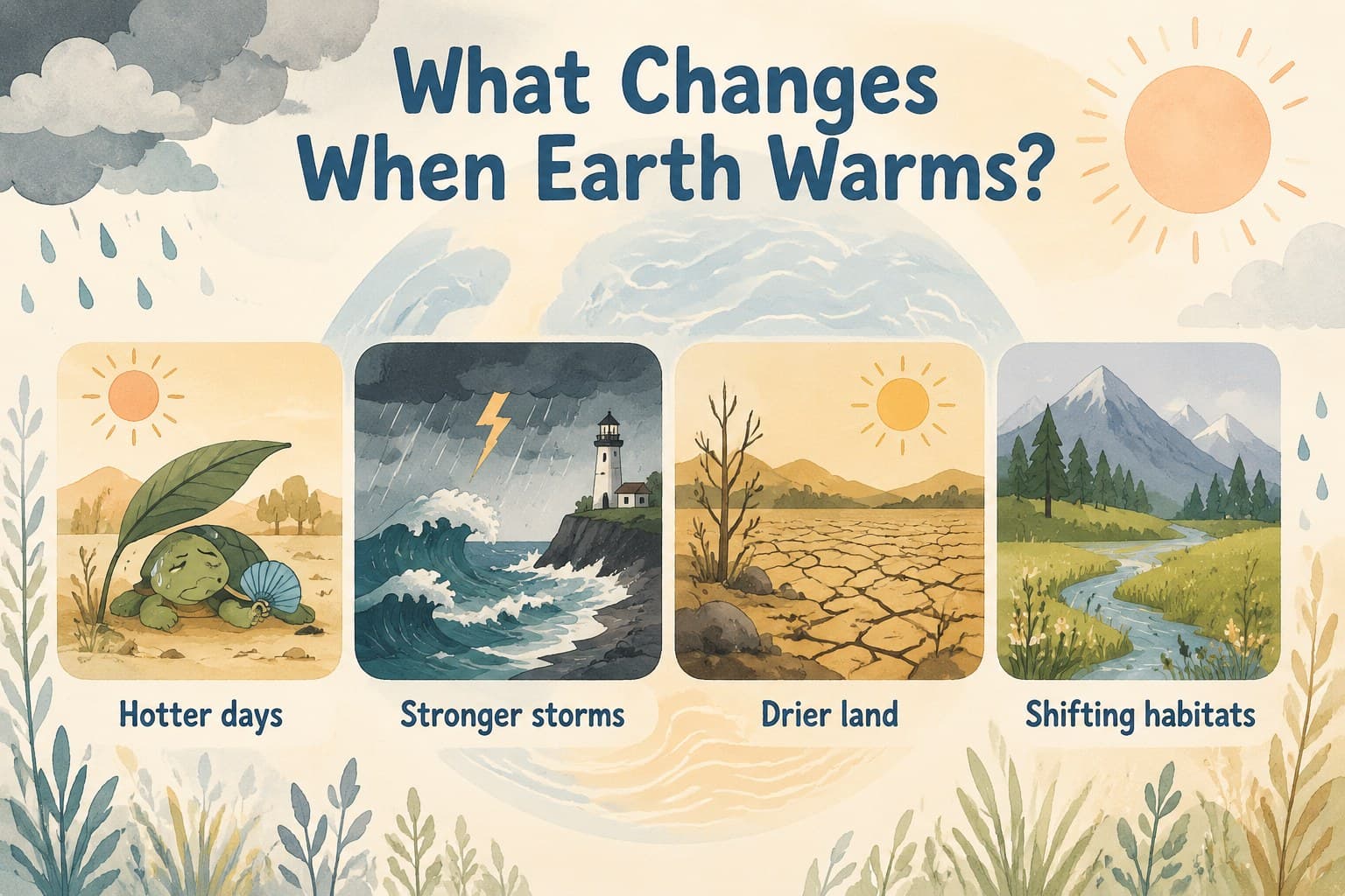 Climate impacts slide featuring illustrated heat, storms, drought, and changing habitats.