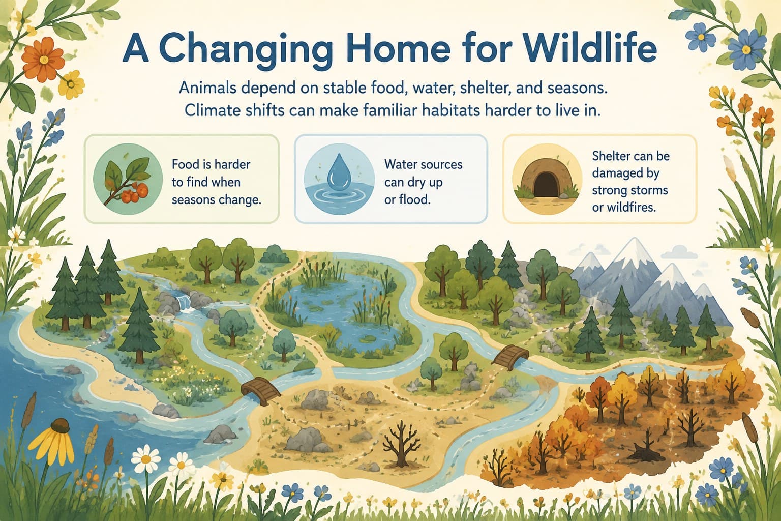 Wildlife and habitats slide connecting climate change with illustrated animals and natural environments.