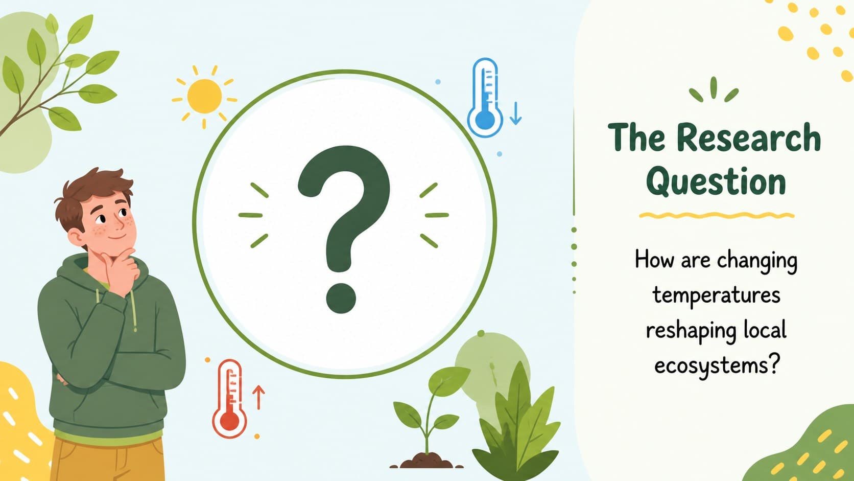 Climate change thesis defense slide introducing a research question with bold illustrated nature graphics.