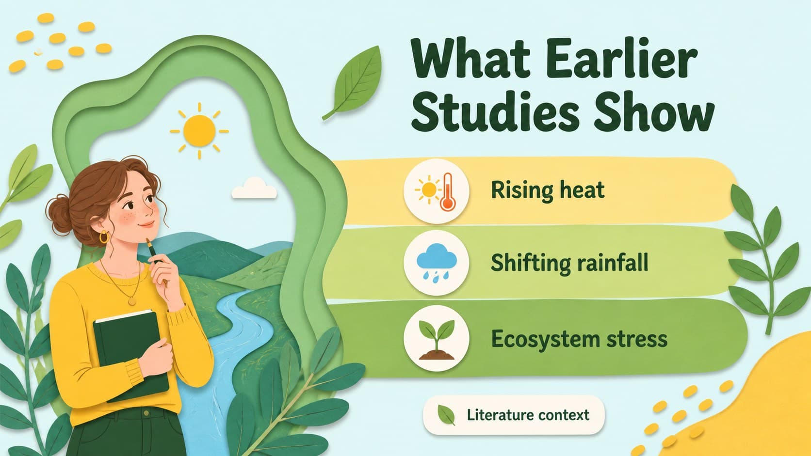 Literature context slide for an environmental science research presentation with layered reference notes.