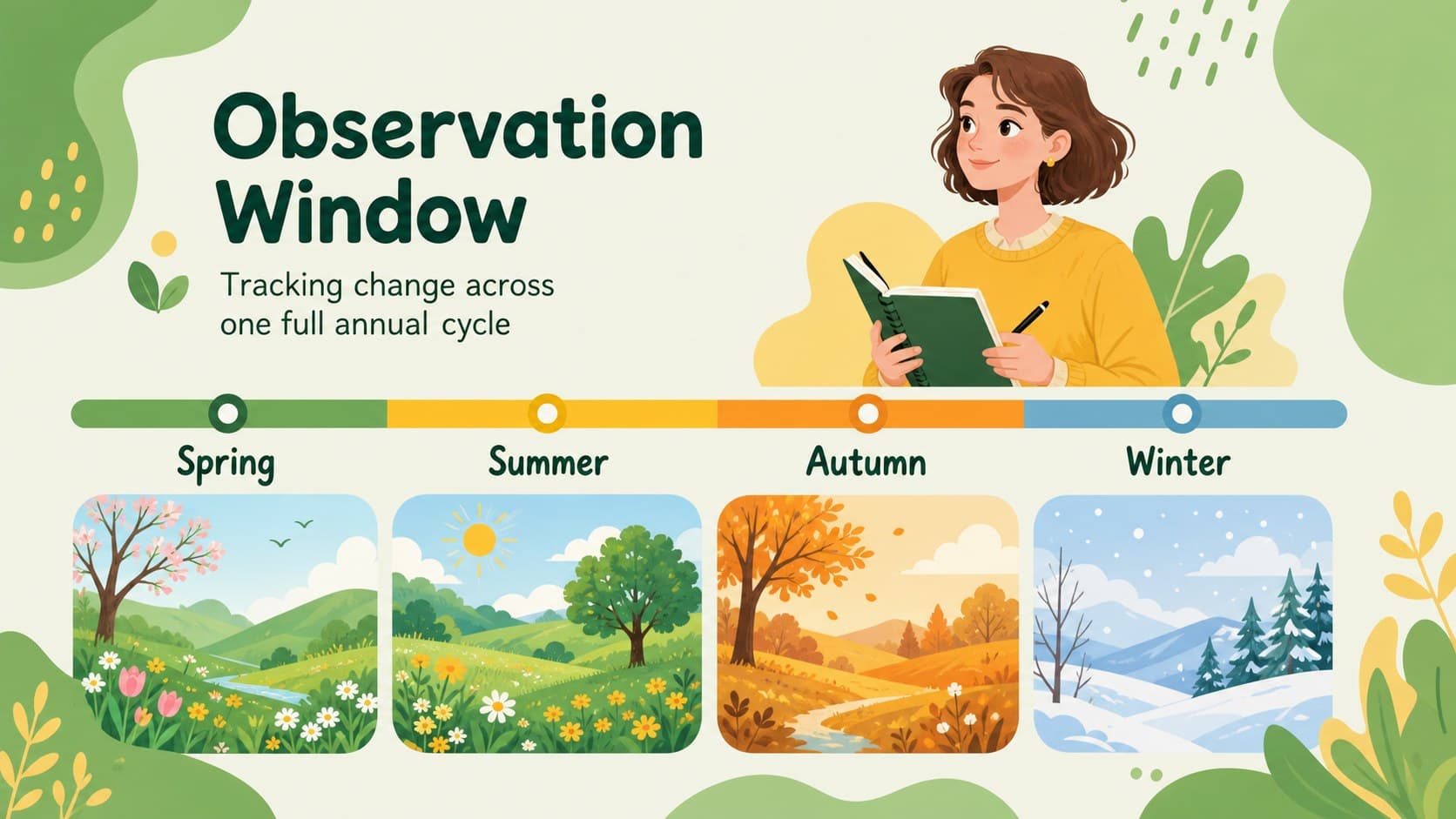 Climate study timeline slide mapping seasonal observations across a bright ecological landscape.