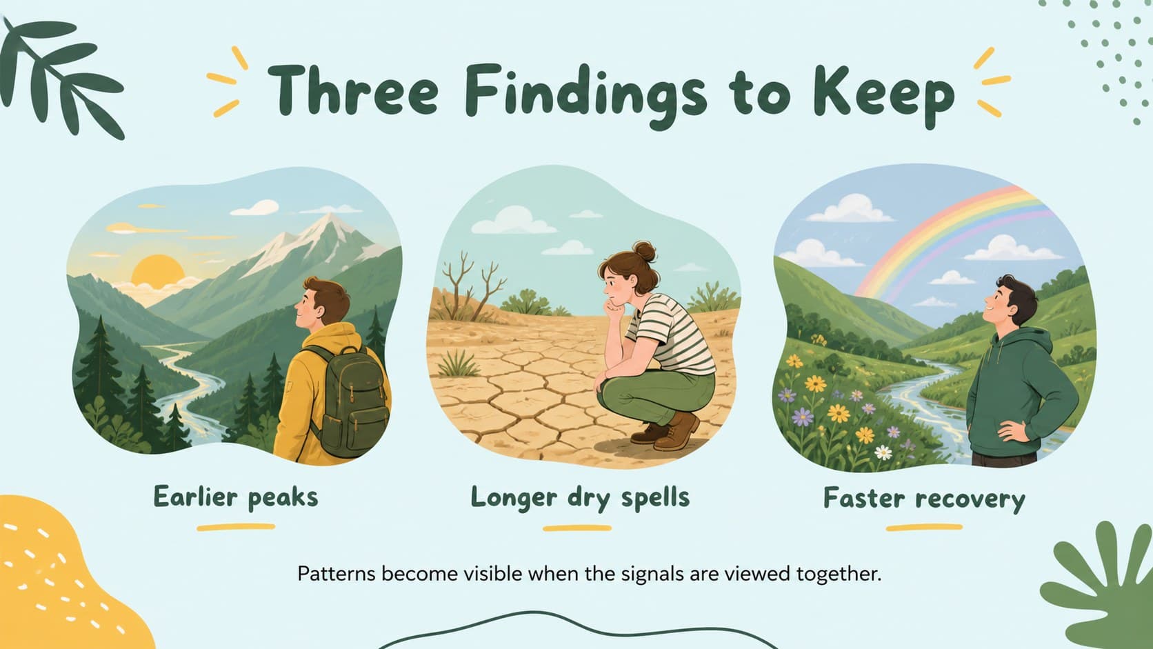 Environmental research findings slide highlighting three climate-related discoveries.