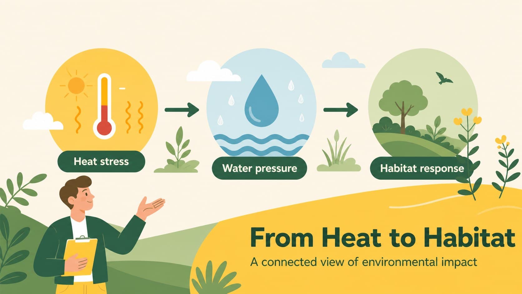 Global warming impact slide using a colorful cause-and-effect diagram for science communication.