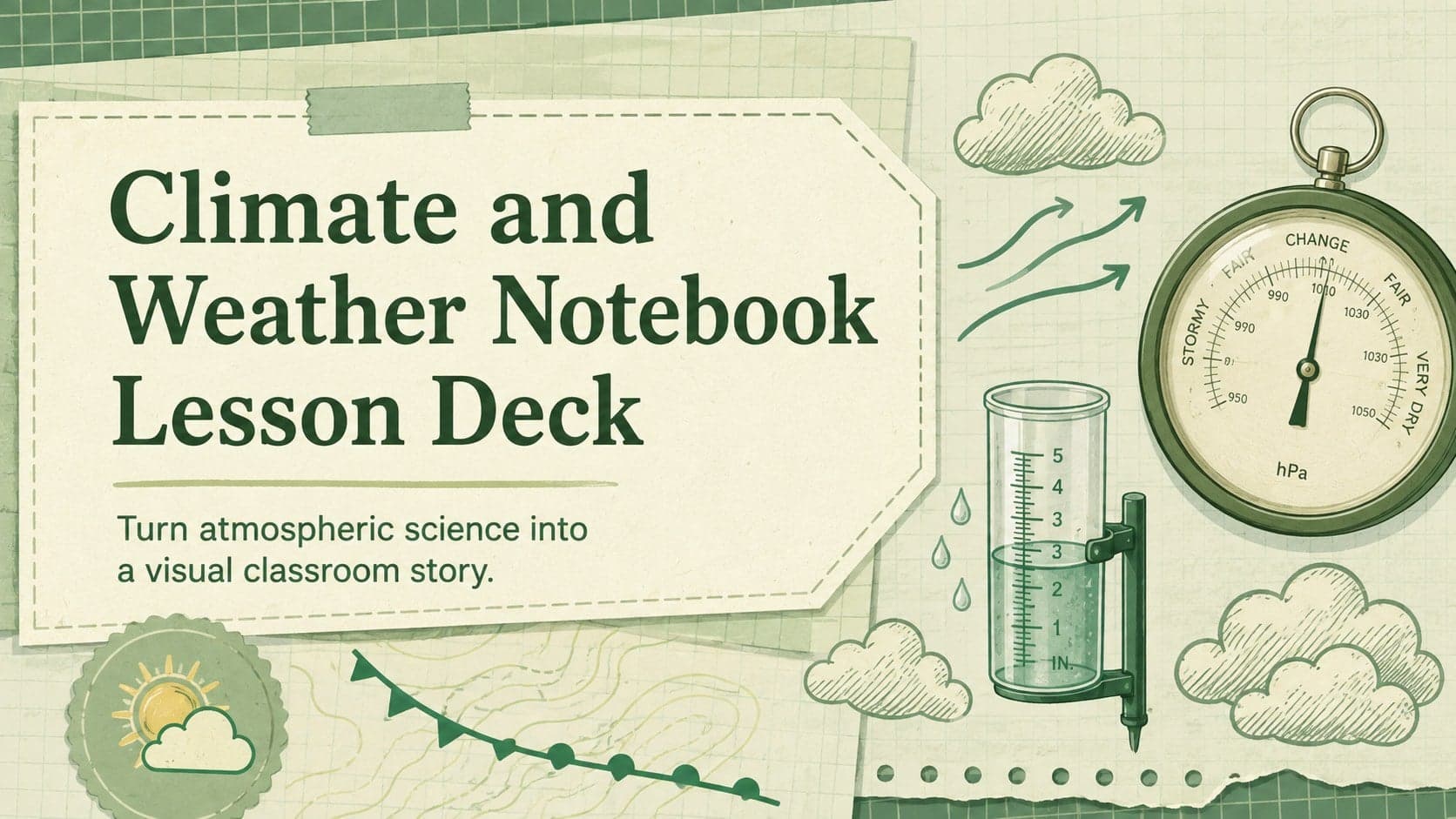 Cover of the Climate and Weather Notebook Lesson Deck in a pastel green vintage classroom style.