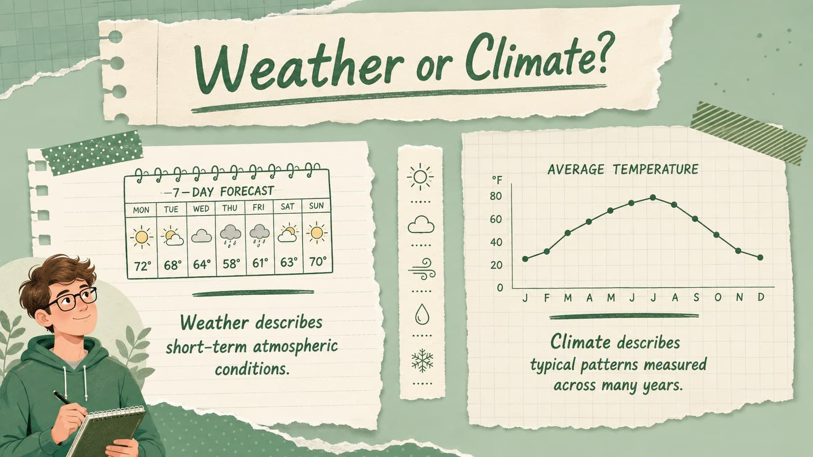 Notebook-style weather and climate comparison slide for a middle school meteorology lesson.
