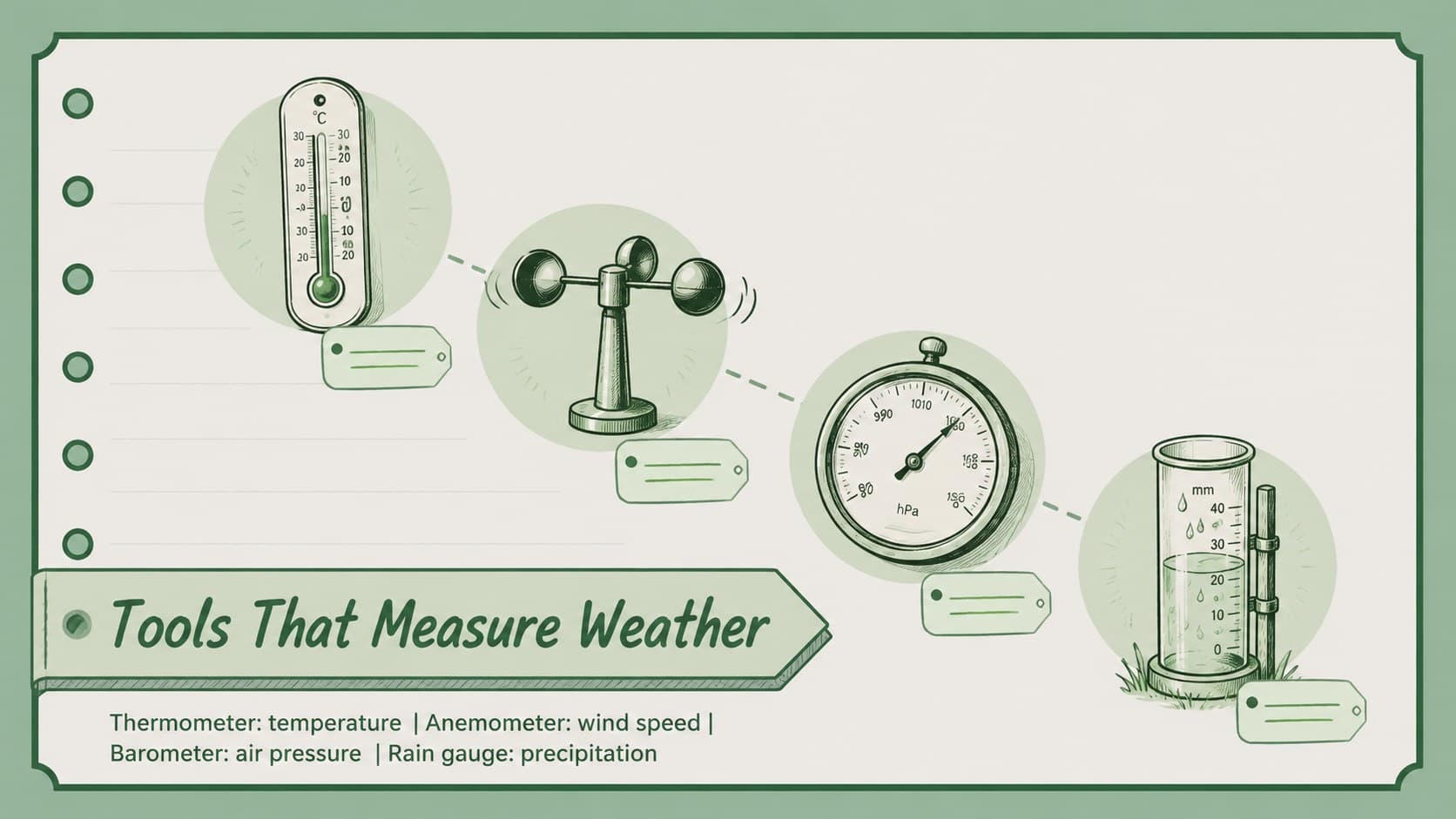 Vintage notebook slide explaining weather instruments used in a forecasting lesson.