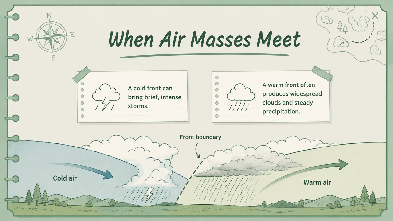 Warm and cold front diagram in a green vintage weather unit presentation.