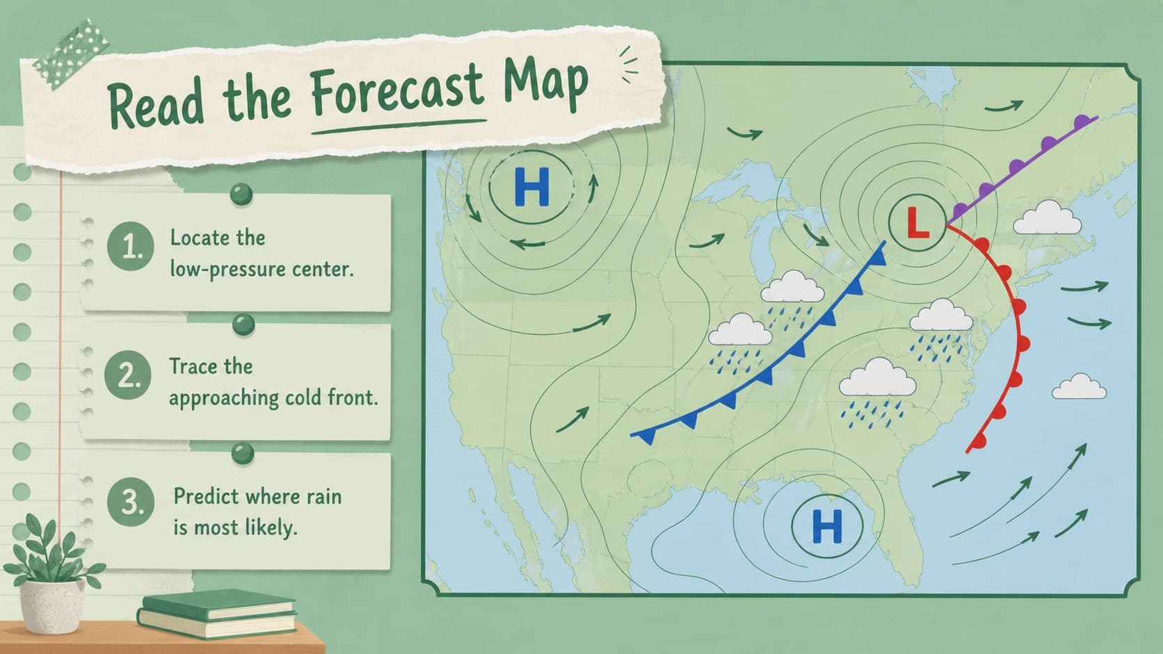 Weather map interpretation activity from a middle school meteorology slide deck.