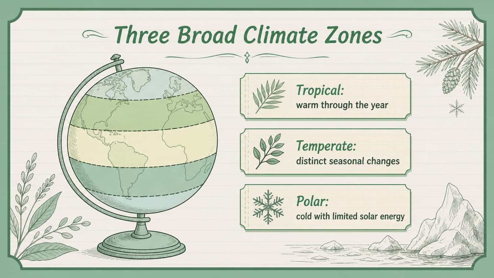 Illustrated climate zones teaching template with tropical, temperate, and polar regions.